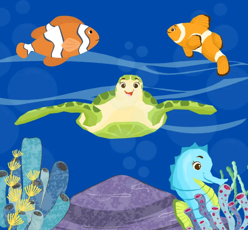 Fish, turtle, seahorse, undersea fauna and rock on a blue background